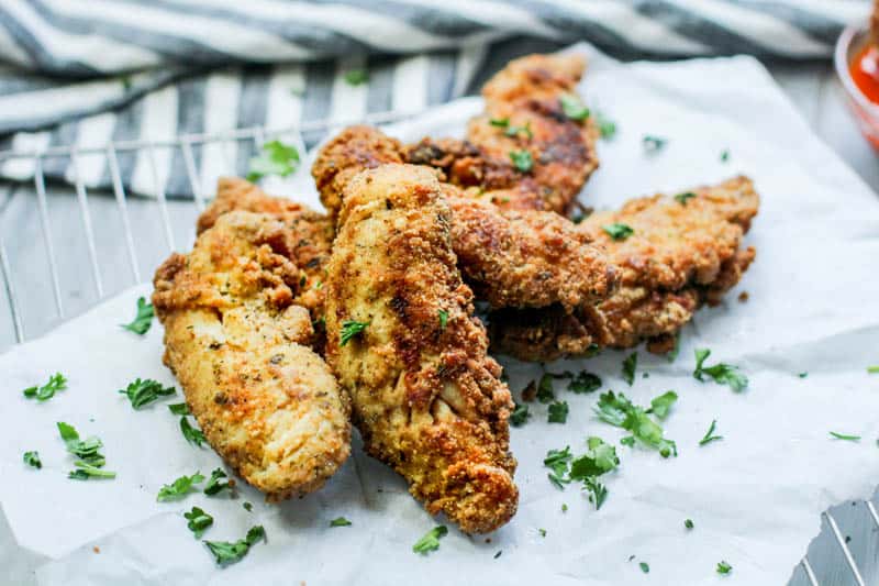 crispy low carb chicken tenders on a wire rack
