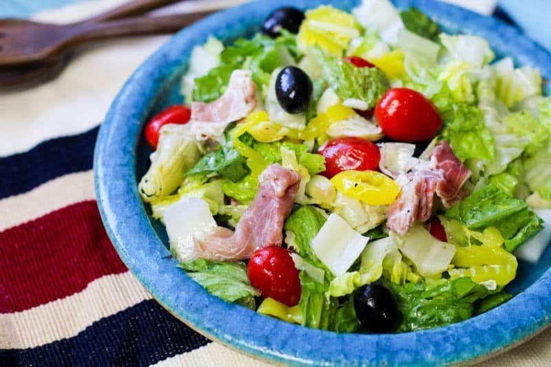 Low Carb Antipasto Salad on a teal plate
