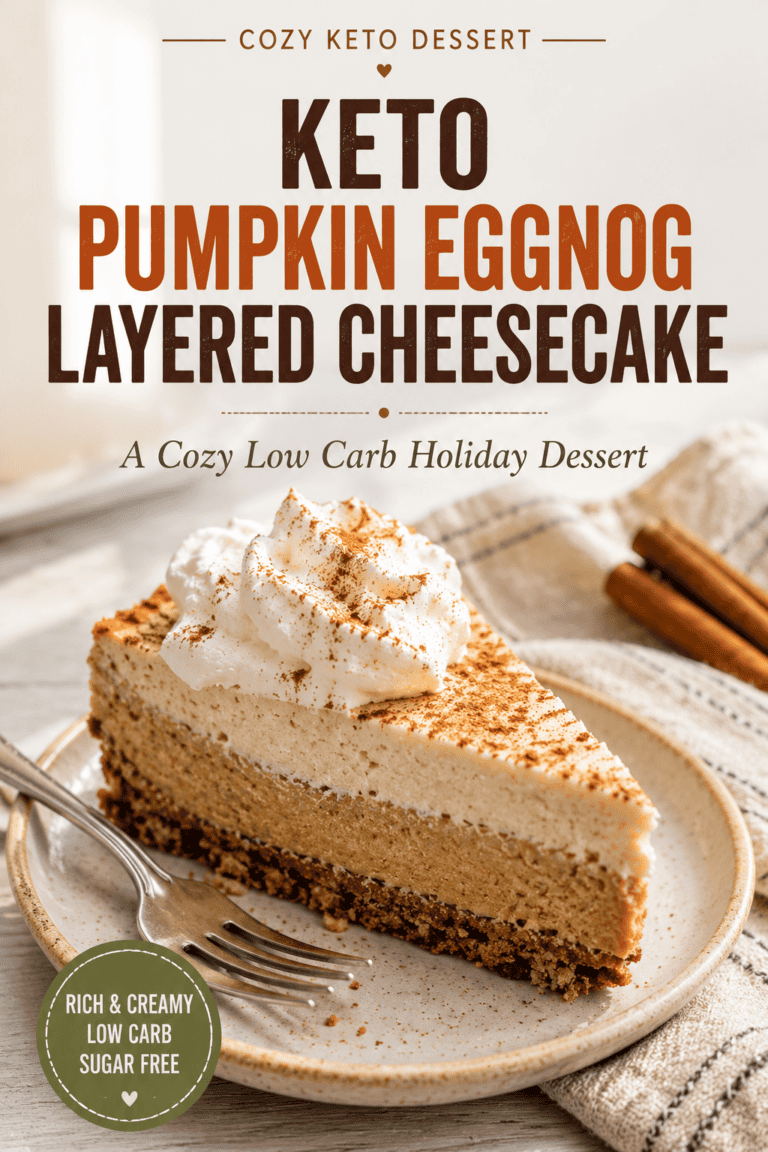 Pinterest recipe pin featuring a slice of keto pumpkin eggnog layered cheesecake with a nut crust, creamy layers, whipped cream, and cinnamon on a rustic plate.