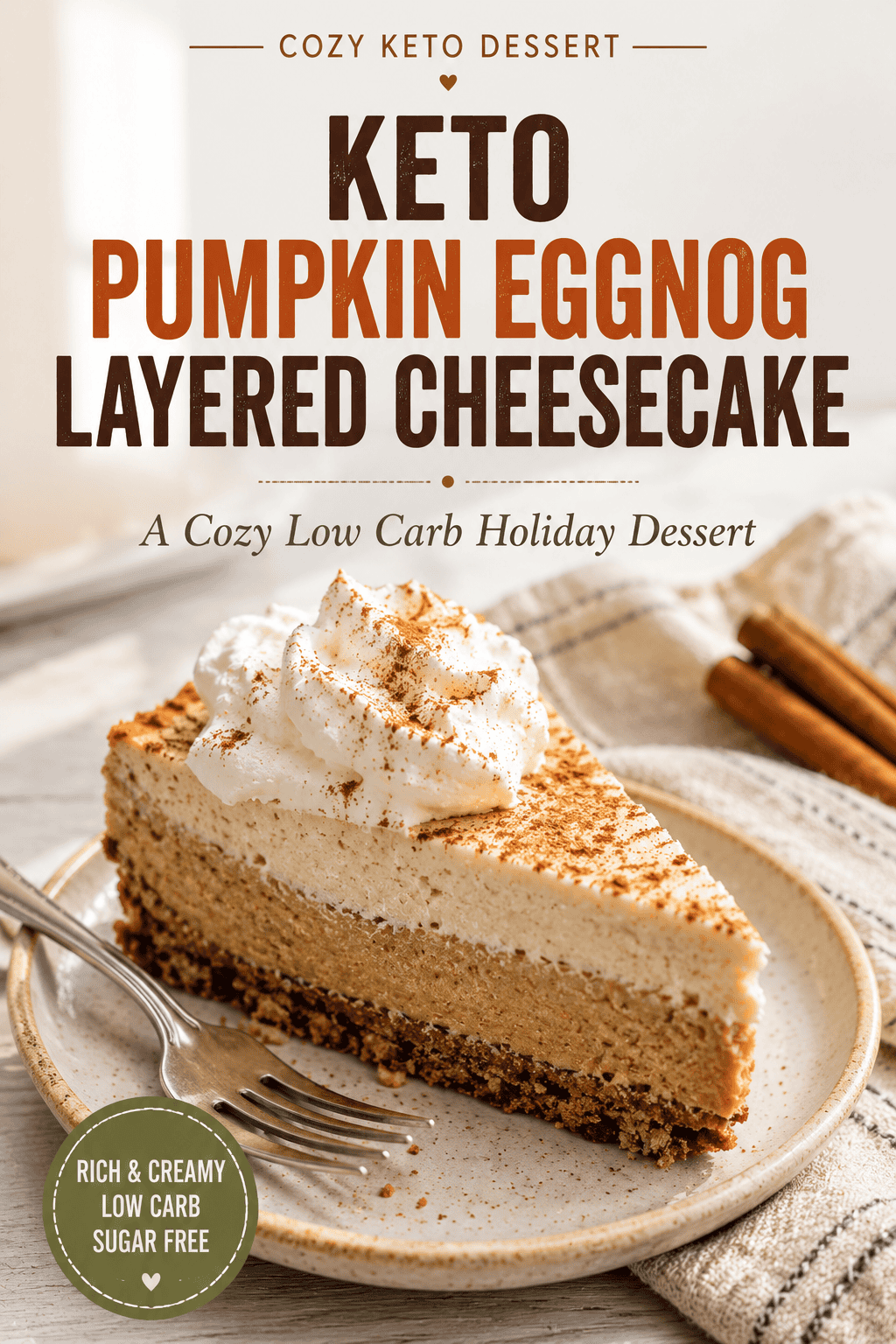Pinterest recipe pin featuring a slice of keto pumpkin eggnog layered cheesecake with a nut crust, creamy layers, whipped cream, and cinnamon on a rustic plate.