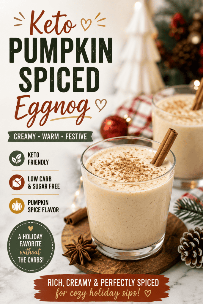 Festive Pinterest pin featuring creamy keto pumpkin spiced eggnog topped with cinnamon and served with warm holiday spices and Christmas decorations.