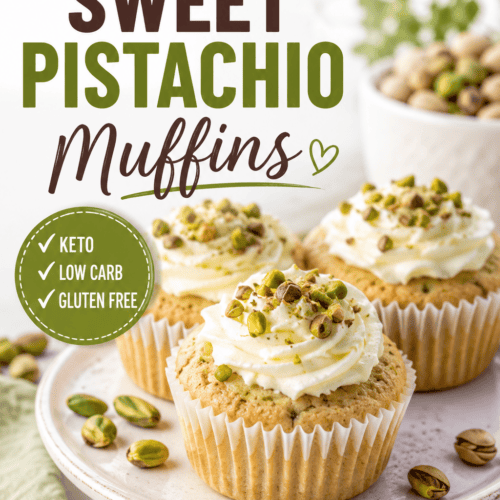 Pinterest recipe pin featuring keto sweet pistachio muffins topped with creamy frosting and chopped pistachios, styled with whole pistachios and soft green accents.
