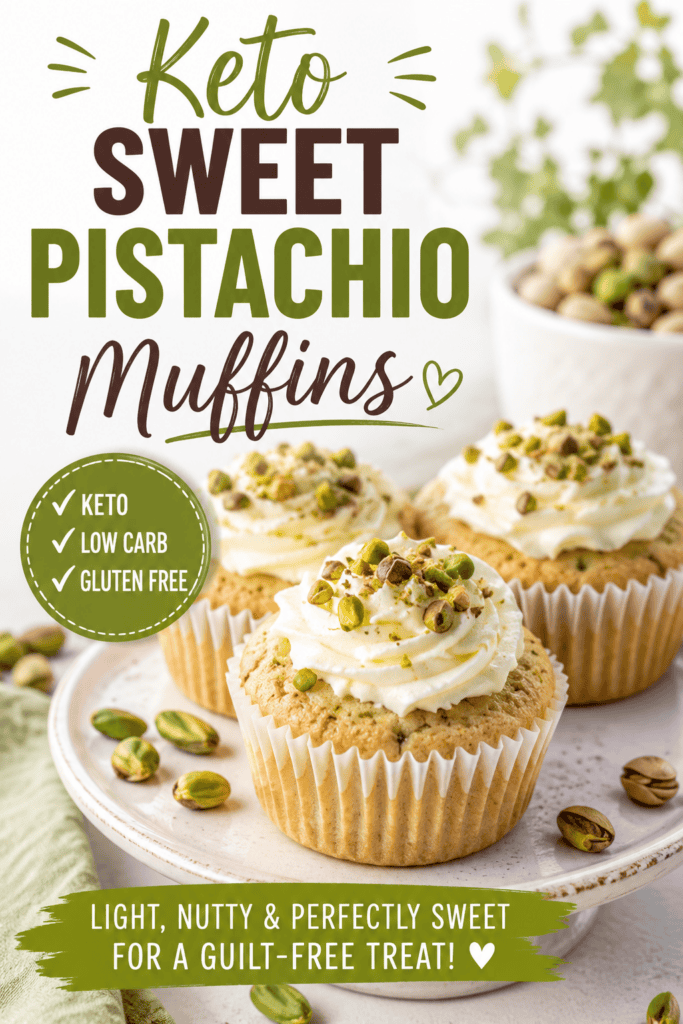 Pinterest recipe pin featuring keto sweet pistachio muffins topped with creamy frosting and chopped pistachios, styled with whole pistachios and soft green accents.