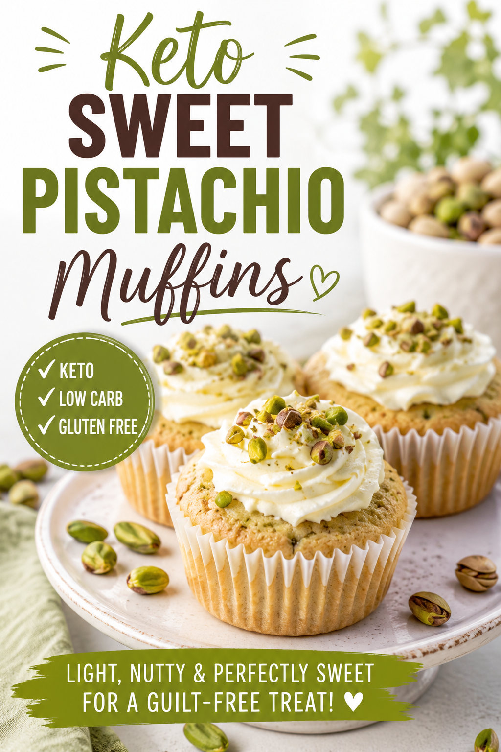 Pinterest recipe pin featuring keto sweet pistachio muffins topped with creamy frosting and chopped pistachios, styled with whole pistachios and soft green accents.