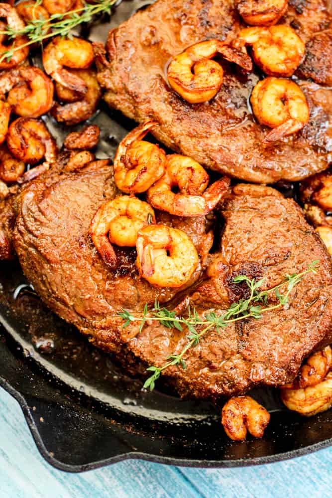 Pan Grilled Steak with Shrimp and Bacon Butter