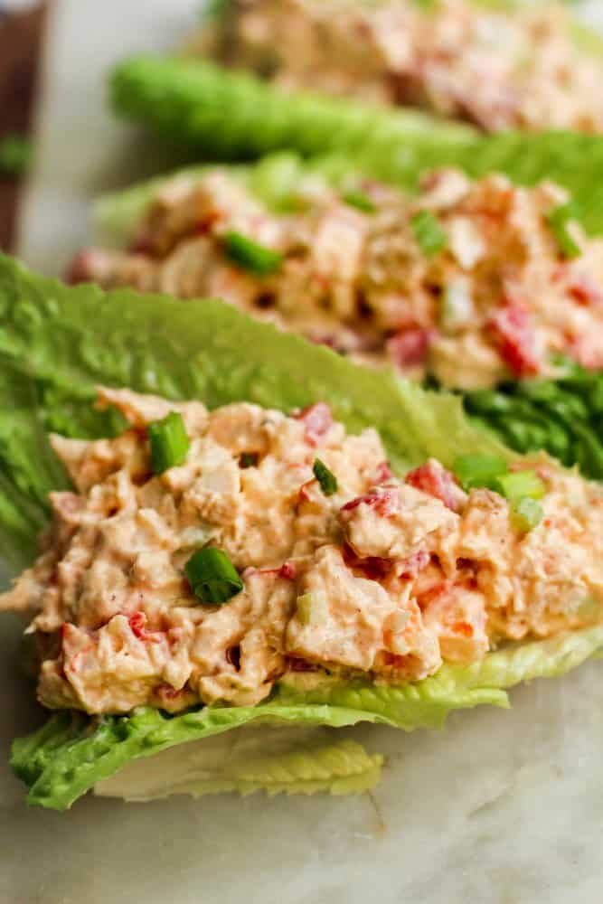 Best Chicken Salad with Shrimp Recipe on Lettuce Boats on tray