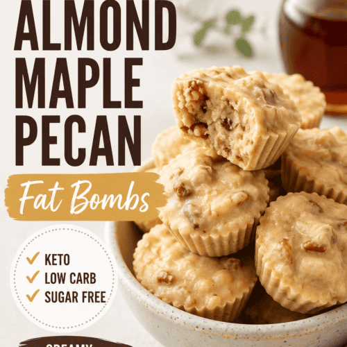 Vertical recipe pin featuring creamy keto almond maple pecan fat bombs with chopped pecans, alongside text highlighting the easy low carb, sugar-free treat.