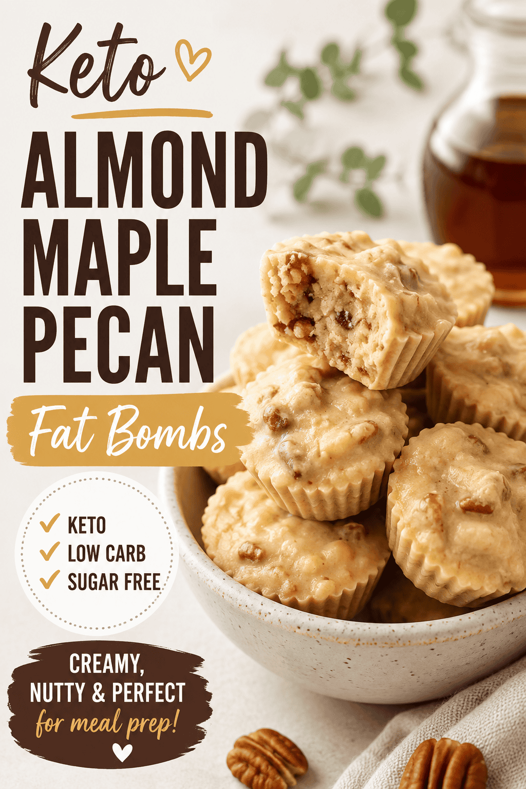 Vertical recipe pin featuring creamy keto almond maple pecan fat bombs with chopped pecans, alongside text highlighting the easy low carb, sugar-free treat.