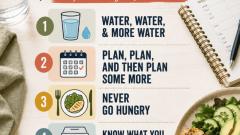 Pinterest infographic featuring 5 low carb tips for beginners, including drinking water, planning ahead, avoiding hunger, knowing what to eat anywhere, and staying positive.