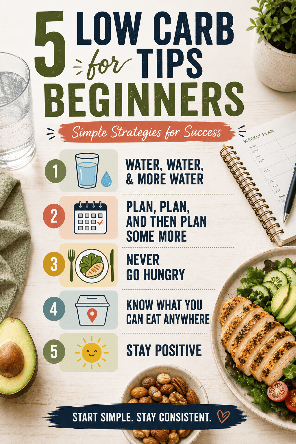Pinterest infographic featuring 5 low carb tips for beginners, including drinking water, planning ahead, avoiding hunger, knowing what to eat anywhere, and staying positive.