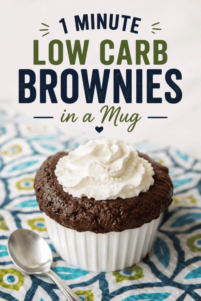 Vertical Pinterest pin featuring a chocolate low carb brownie in a white mug topped with whipped cream, with bold text reading “1 Minute Low Carb Brownies in a Mug.”