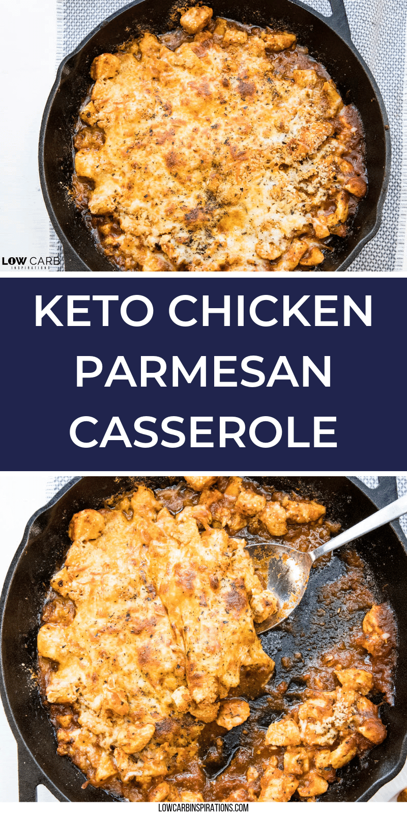two images of keto chicken parmesan casserole in cast iron skillet pinterest image