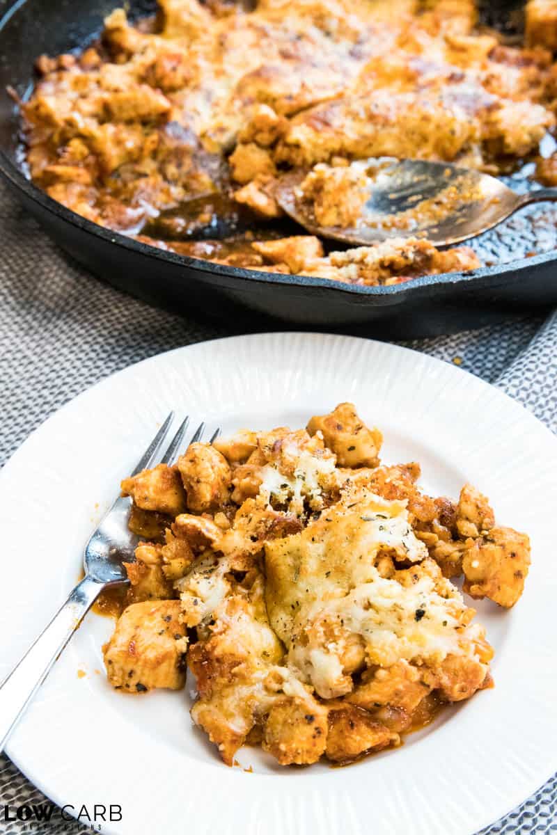 Keto Diced Chicken Parmesan Casserole Recipe made in a cast iron skillet
