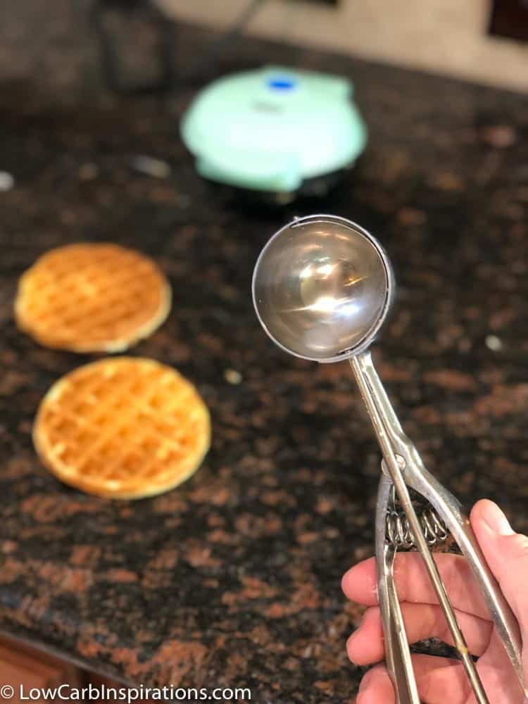 Chaffle Tip: Use an ice cream scoop to measure out the batter perfectly