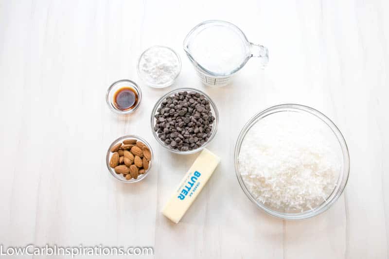 Ingredients for almond joy fat bomb laying on a white surface