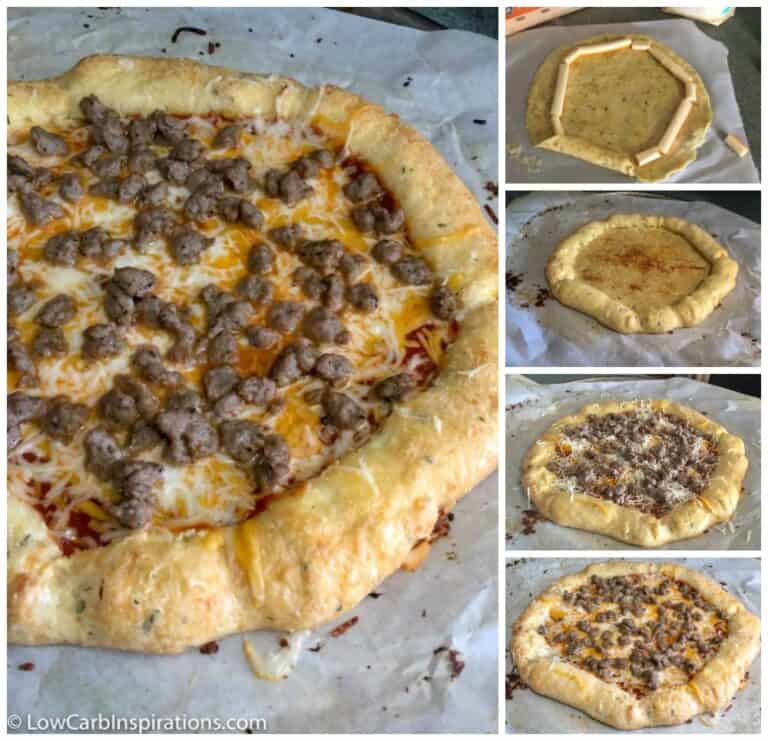Keto Cheese Crust Stuffed Pizza made with Fat Head Dough collage photo