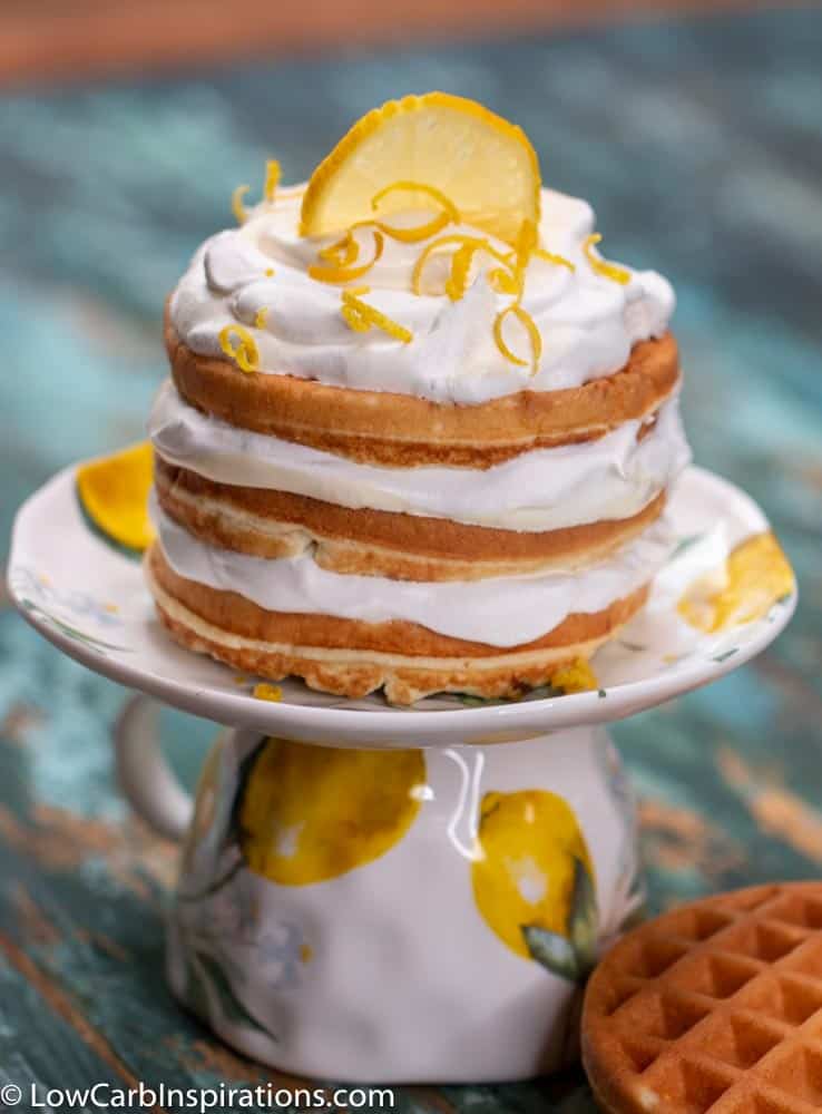 Keto Lemon Chaffle Recipe on a teacup mini cake plate stand