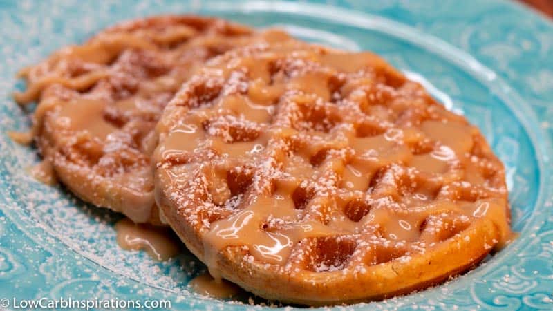 Keto Peanut Butter Chaffle with Glaze Recipe on a light blue plate