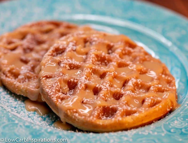 Keto Peanut Butter Chaffle drizzled with Sugar Free Peanut Butter Glaze
