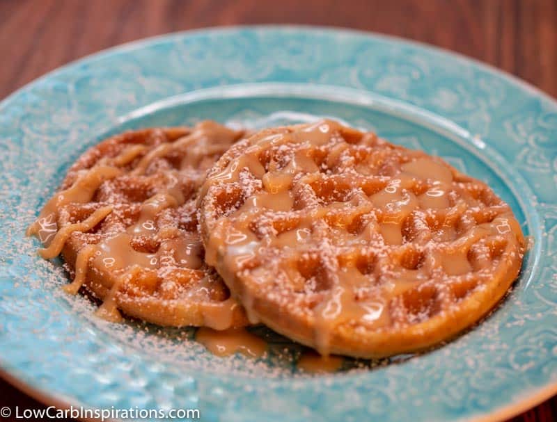 Keto Peanut Butter Chaffle drizzled with Sugar Free Peanut Butter Glaze