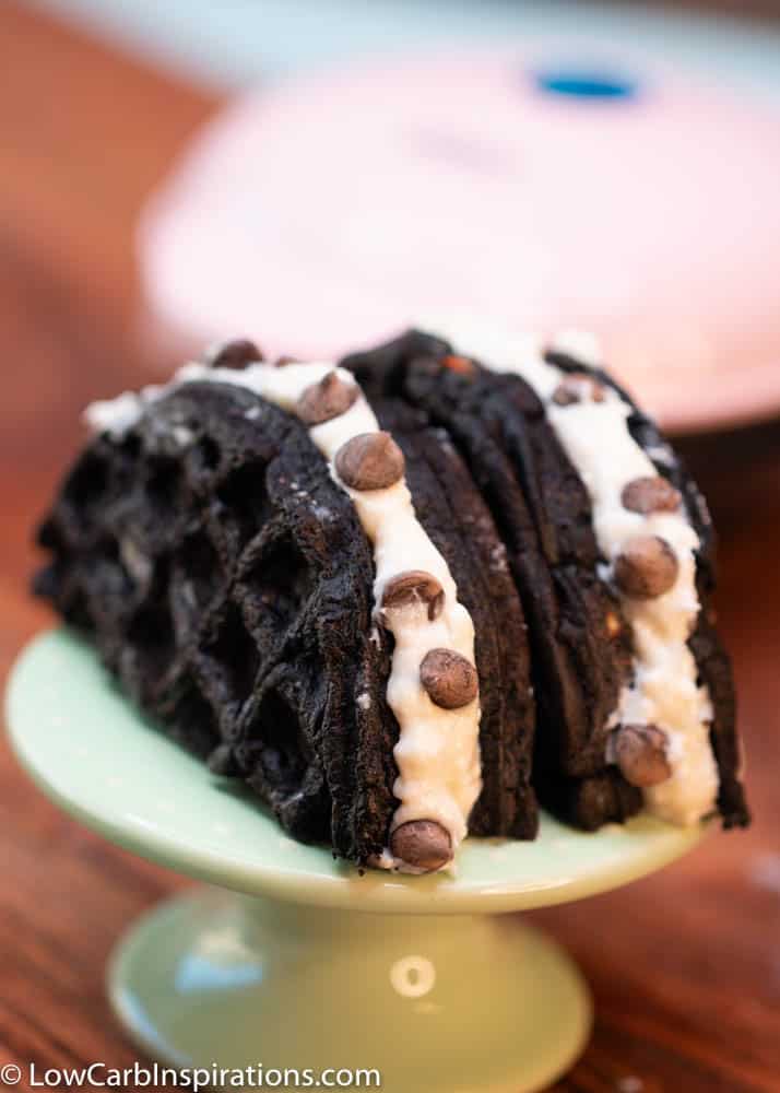 OREO Cookie Chaffle Recipe on a green cupcake stand