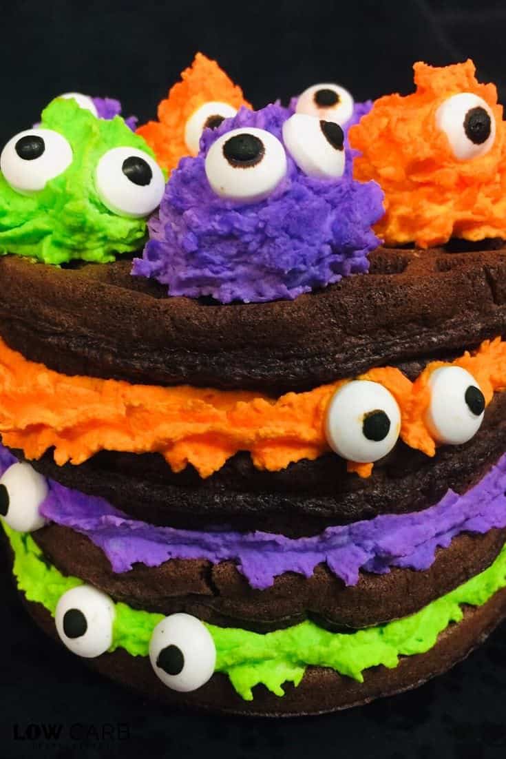 Everyone is going to love this cute, not-so-scary, silly Halloween Monster Chocolate Chaffle Cake! Not only is it cute to look at, but it's fluffy, low carb and delicious!