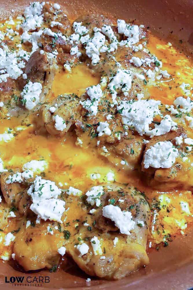 This Skillet Chicken Thighs with Roasted Red Pepper Sauce and Feta Cheese Recipe is the perfect savory meal for a cold evening at home. One skillet dinner idea, ready in 30 minutes or less and juicy chicken thighs...what more could you ask for?