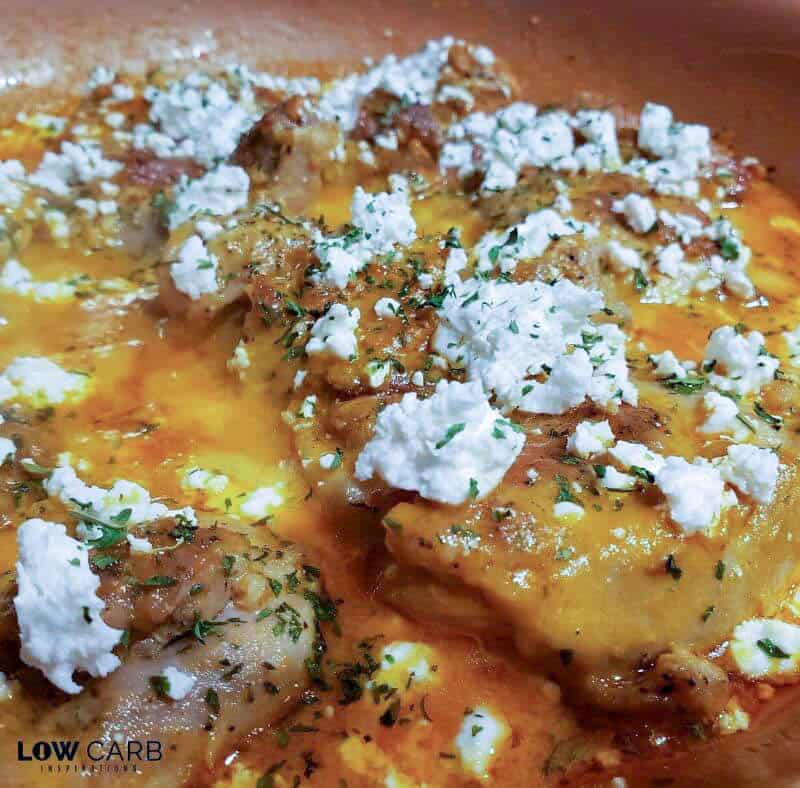 Skillet Chicken Thighs with Roasted Red Pepper Sauce and Feta Cheese Recipe