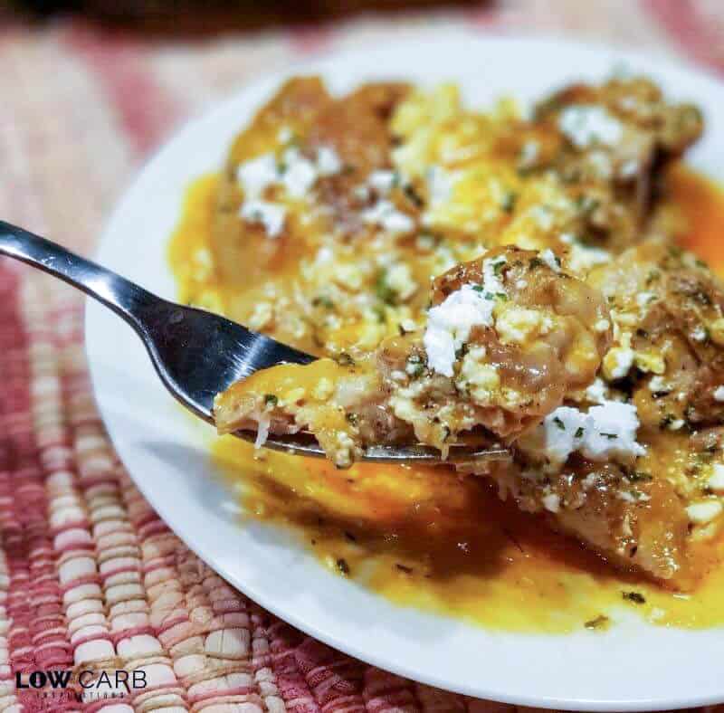 Skillet Chicken Thighs with Roasted Red Pepper Sauce and Feta Cheese Recipe