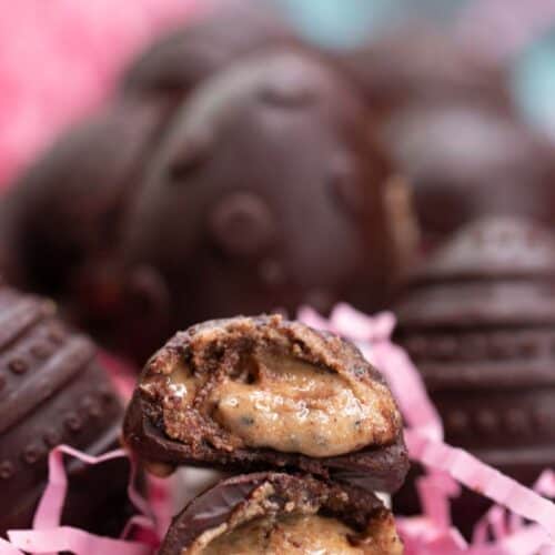 Chocolate Easter Eggs on a tray with pink ribbon