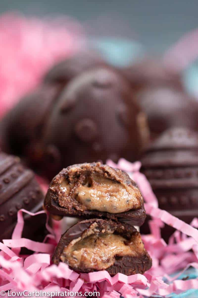 Chocolate Easter Eggs on a tray with pink ribbon