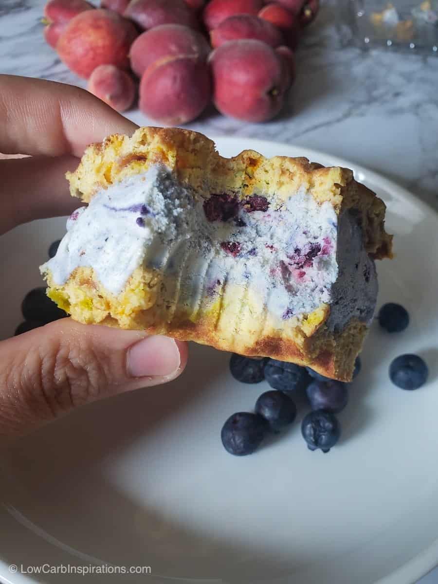 Best Keto Blueberry Ice Cream Recipe made into a keto ice cream sandwich
