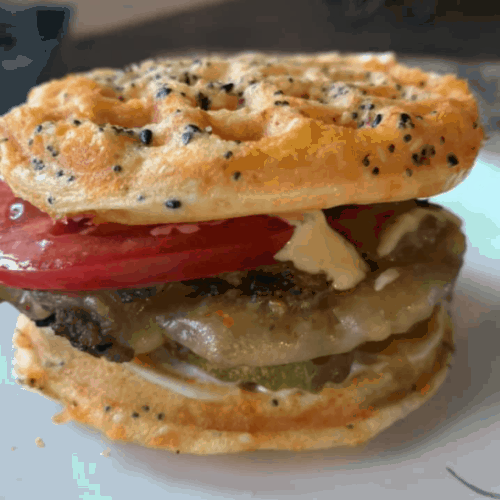 Everything Bagel Chaffle Recipe served with a hamburger patty