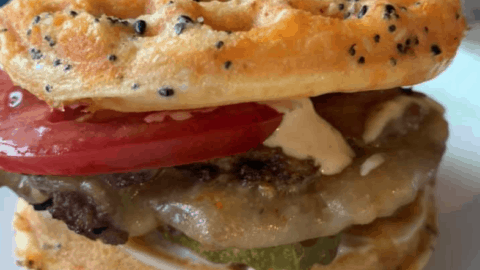 Everything Bagel Chaffle Recipe with a hamburger patty.