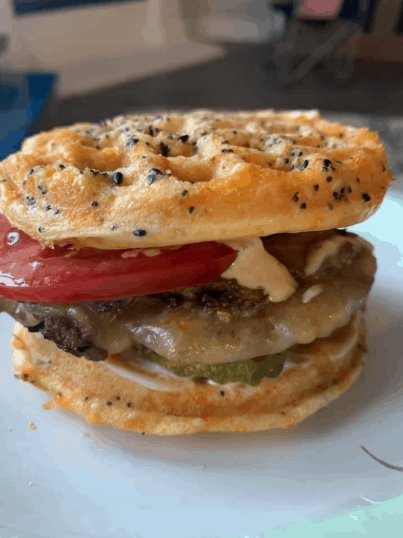 Everything Bagel Chaffle Recipe with a hamburger patty.