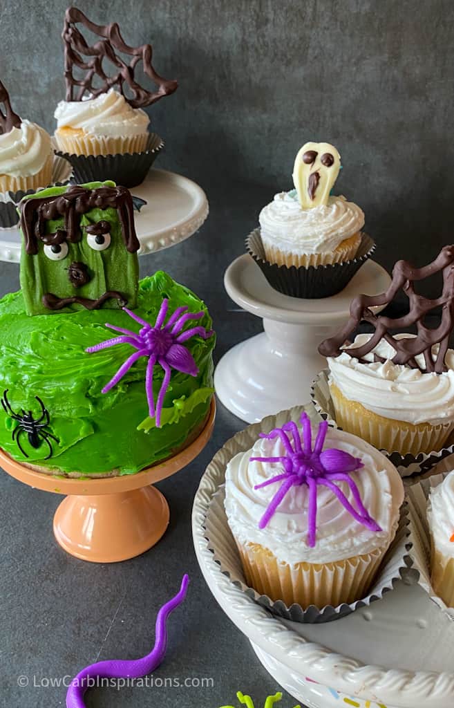 Halloween Keto Cupcakes made with sugar free melted chocolate designs!