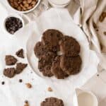 overhead photo of keto chocolate cookies on parchment paper