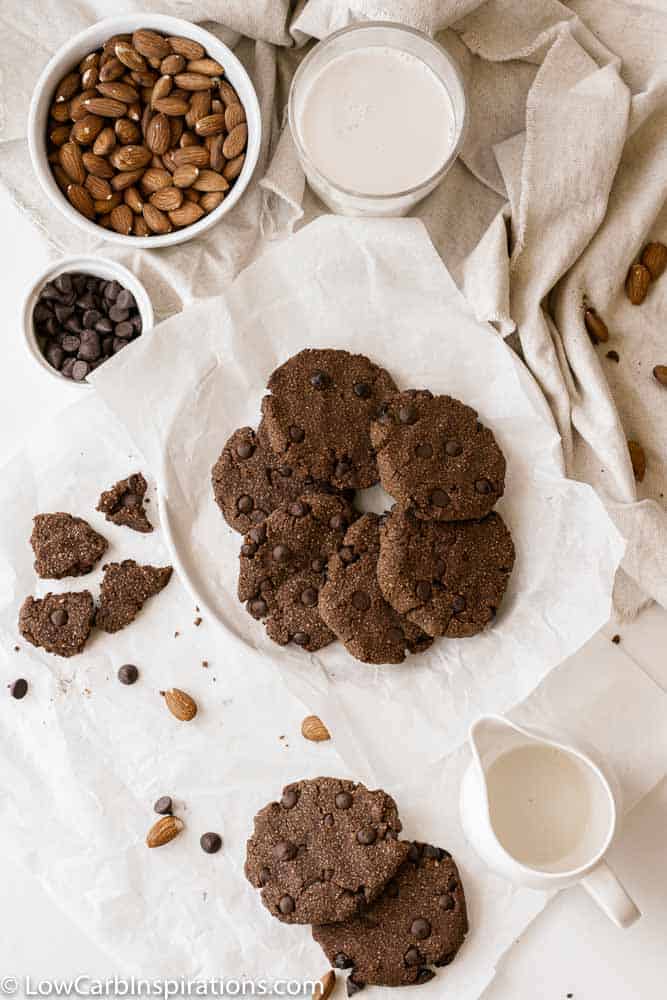 overhead photo of keto chocolate cookies on parchment paper