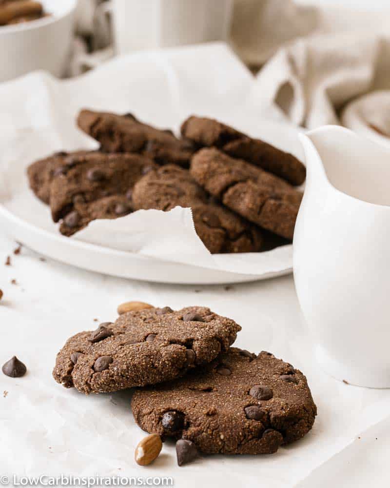 close up of keto chocolate cookies on parchment paper