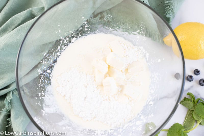 no bake lemon mousse ingredients in a clear bowl