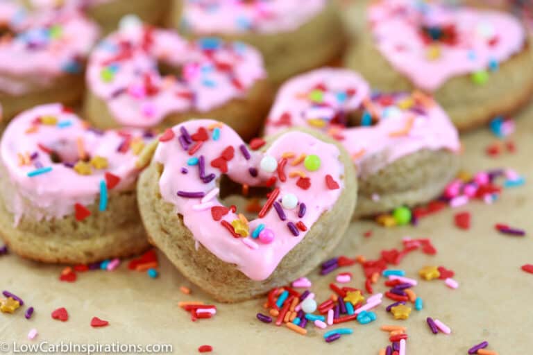 keto heart shaped glazed donuts with sprinkles on a table