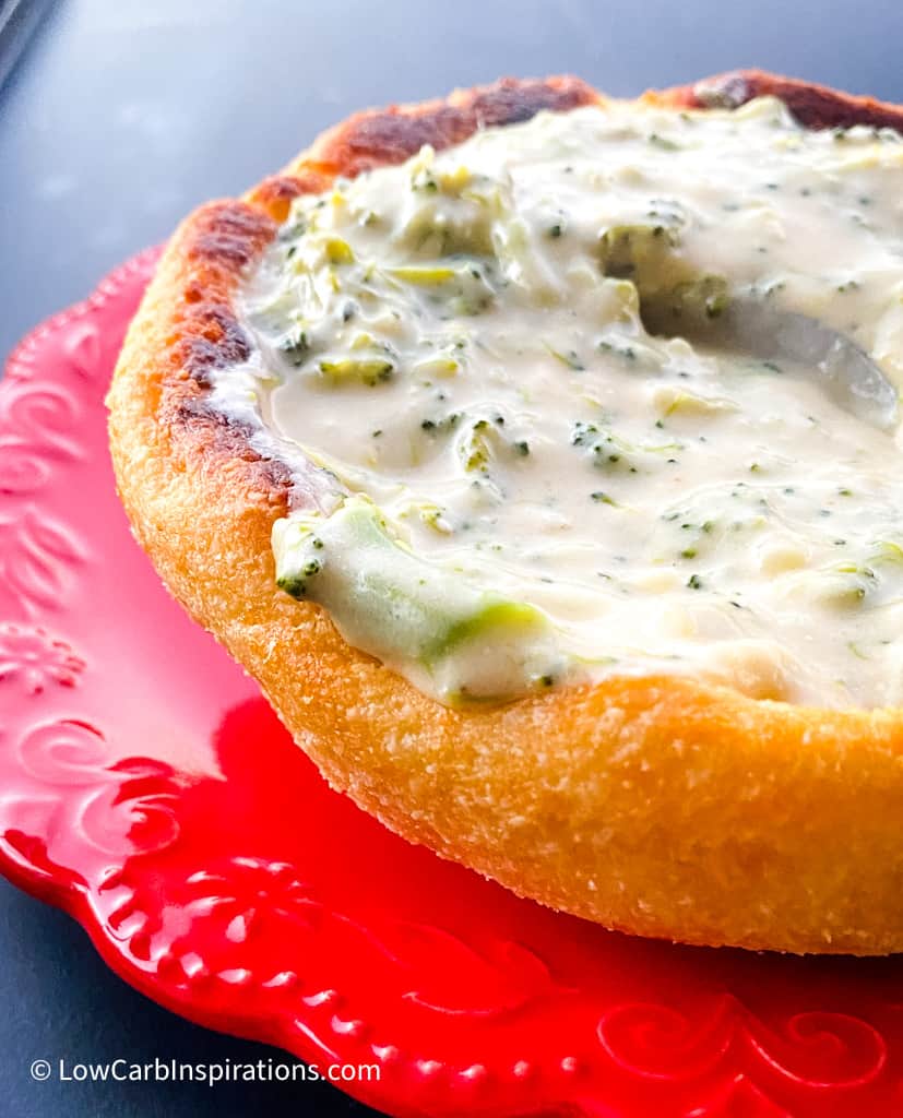 Keto bread bowl and broccoli soup