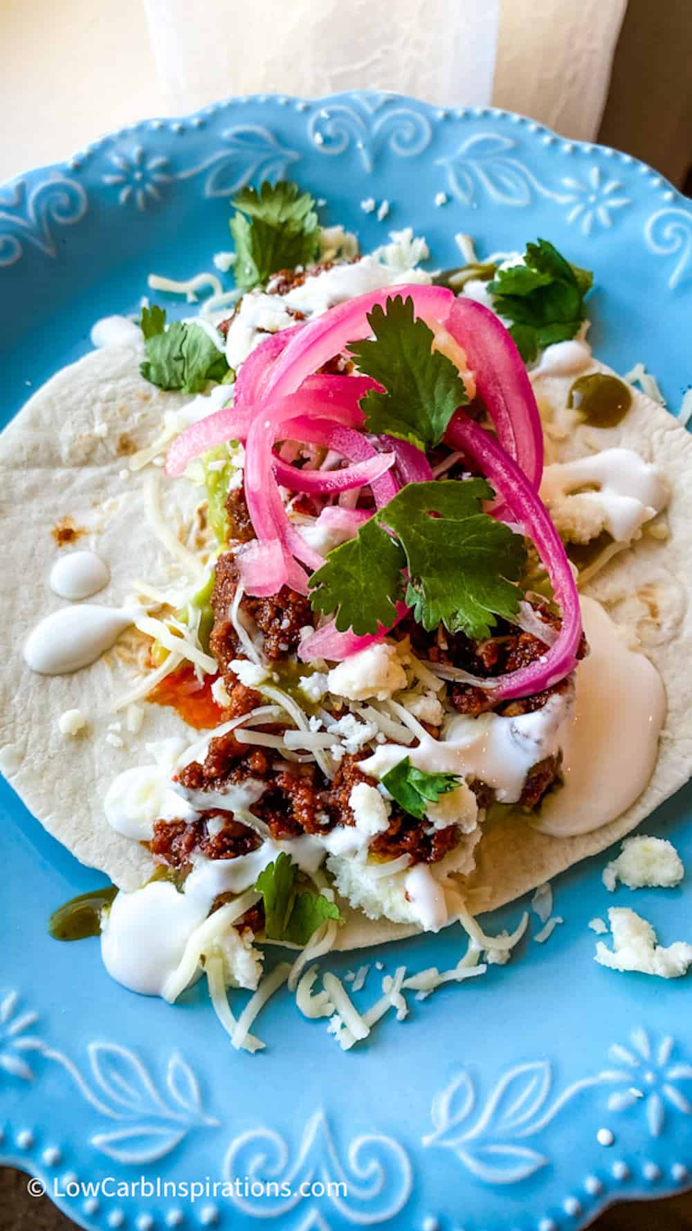 Taco topped with red onions on a blue plate