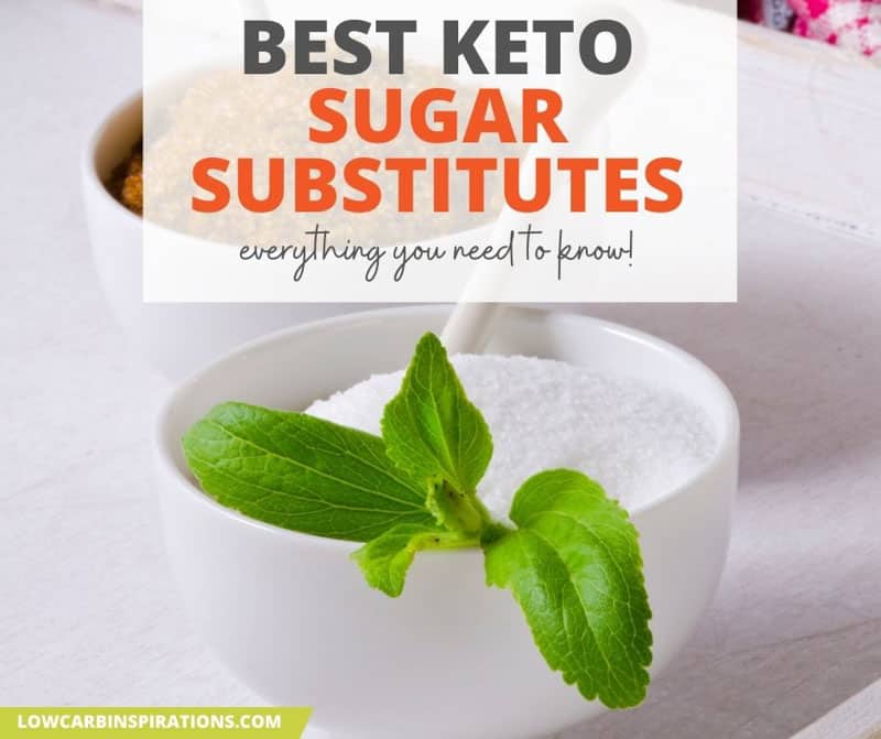 keto sweeteners in a white bowl with stevia leaves