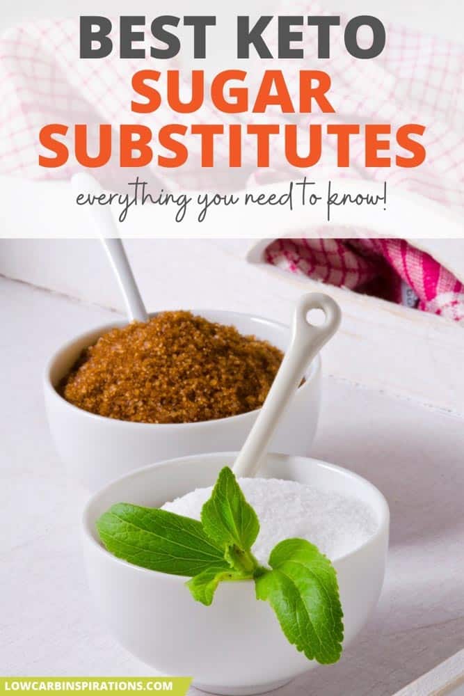 keto sugar substitutes for keto in a white bowl with a spoon and stevia leaves