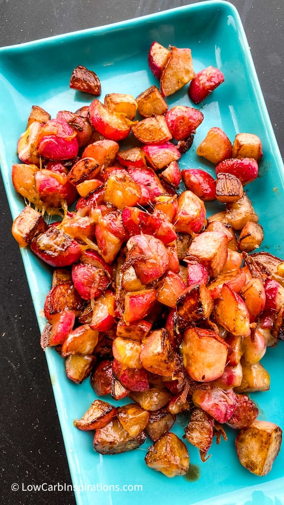 grilled radishes on a blue serving tray