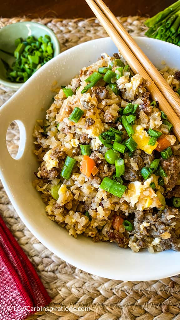 Loaded Keto Fried Rice made on the Black Stone Griddle Grill
