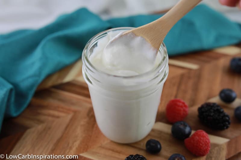 wooden spoon with ready to eat yogurt recipe