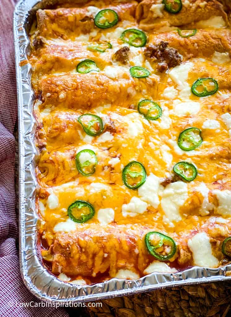 Close up of Easy Keto Beef and Cheese Enchiladas Recipe just before serving it.
