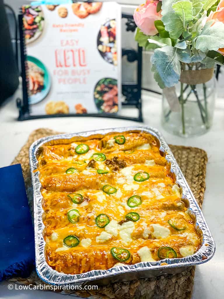 Easy Keto Beef and Cheese Enchiladas Recipe cooked and sitting on the counter top 